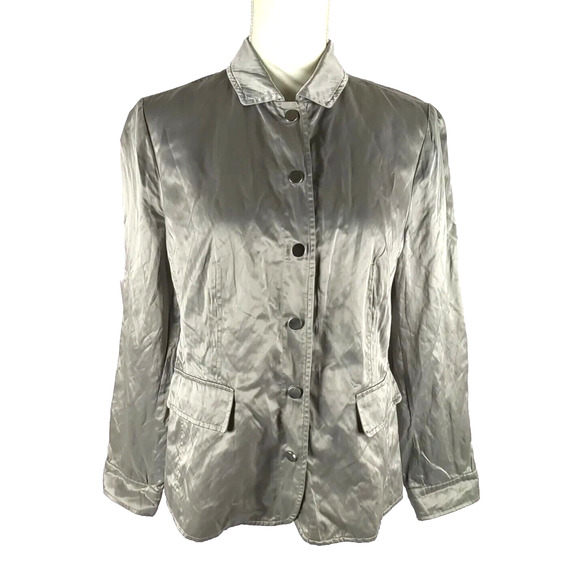 Chico's Women's Jacket Size 1 Gray Green Metallic Snap Long Sleeve Crinkle Y 2 K - Picture 1 of 11